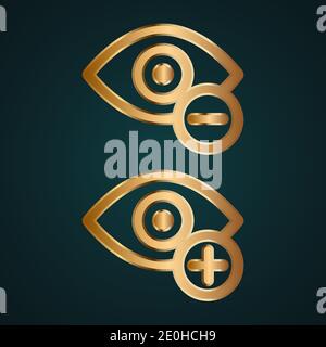 Hide and unhide eye icon. Gold metal with dark background Stock Vector