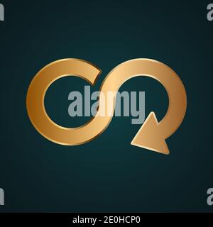 Infinity sign with arrow icon vector. Gold metal with dark background Stock Vector