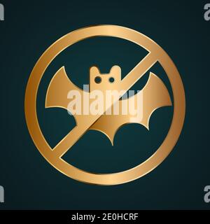 No eat bat allowed sign icon vector logo isolated. Gold metal with dark background Stock Vector