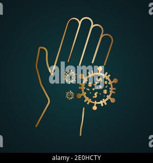 Coronavirus bacterial cells on human palm hand vector icon. Gold metal with dark background Stock Vector