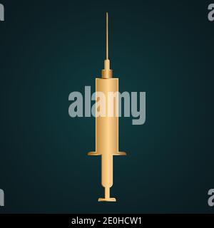 Hypodermic needle icon vector logo. Gold metal with dark background Stock Vector