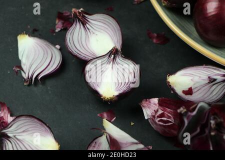 sweet red onions on background Stock Photo