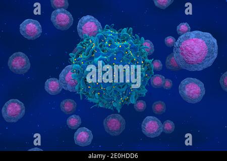 Hiv virus attack and infected t-cell closeup 3d render illustration ...