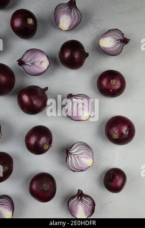 sweet red onions on background Stock Photo
