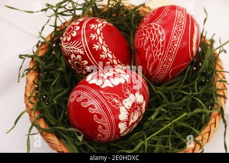 Traditionally dyed Easter eggs in Romania Stock Photo