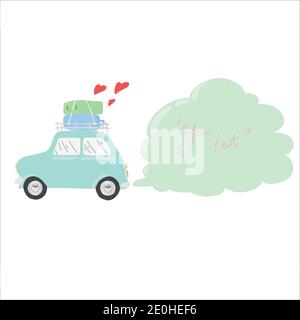 green car with roof luggage and three red hearts and copy space in smoke vector illustration isolated on white background Stock Vector