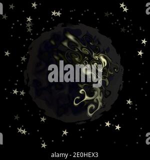 Dark alien planet between stars, stylized eps10 layered vector illustration isolated on black background. Stock Vector
