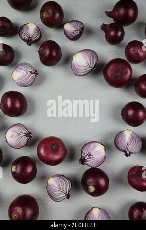 sweet red onions on background Stock Photo