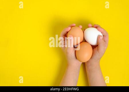 Three chicken eggs in the hands of a boy on a yellow background Stock Photo