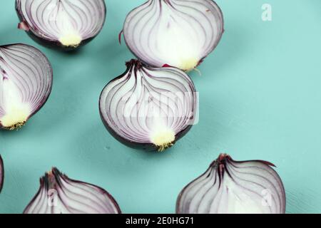 sweet red onions on background Stock Photo