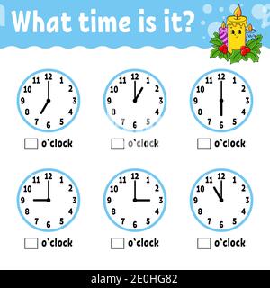 Learning time on the clock. Winter theme. Educational activity worksheet for kids and toddlers. Game for children. Simple flat isolated color vector i Stock Vector