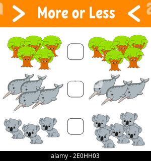 More or less. Educational activity worksheet for kids and toddlers. Isolated color vector illustration in cute cartoon style. Stock Vector