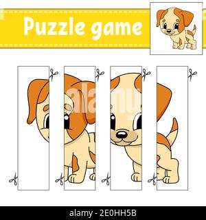 Puzzle game for kids. Cutting practice. Education developing worksheet. Activity page. Cartoon character. Stock Vector