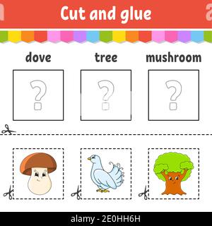 Cut and glue. Game for kids. Learn English words. Education developing worksheet. Color activity page. Cartoon character. Stock Vector