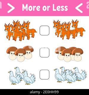 More or less. Educational activity worksheet for kids and toddlers. Isolated color vector illustration in cute cartoon style. Stock Vector