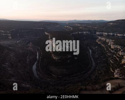 Aerial panorama of horsehoe bend canyon Canion Canon del Ebro river valley between Valdelateja and Cortiguera Burgos Province Castile and Leon Spain Stock Photo