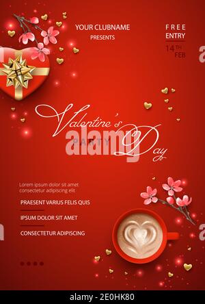 Valentine's day poster with gift box in heart shape, pink flowers and a cup of coffee Stock Vector