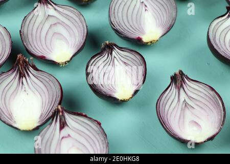 sweet red onions on background Stock Photo