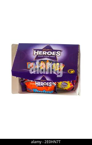 Box of Cadbury Heroes chocolates with lid opened isolated on white background - share good times - heroes chocolate box, heroes chocolates