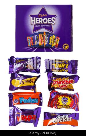 Box of Cadbury Heroes chocolates with contents removed  isolated on white background - share good times - heroes chocolate box, heroes chocolates Stock Photo