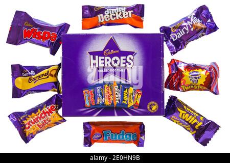 Box of Cadbury Heroes chocolates with contents removed  isolated on white background - share good times - heroes chocolate box, heroes chocolates