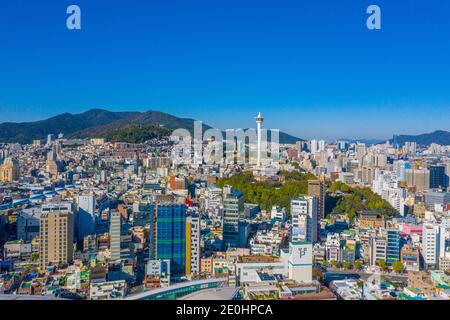 BUSAN, KOREA, OCTOBER 30, 2019: Aerial view of Busan dominated by Busan Tower, Republic of Korea Stock Photo