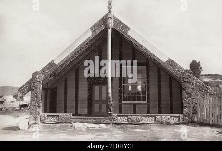 19th century vintage photograph - Maori carved house Ohinemutu, New Zealand, image c.1880's. Stock Photo