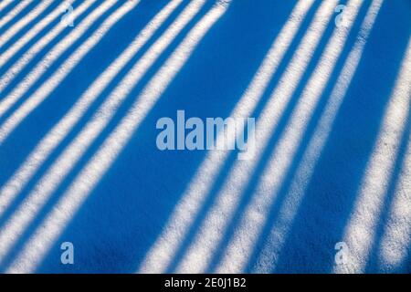 White vinyl picket fence casts long winter shadows on fresh snow; Salida; Colorado; USA Stock Photo