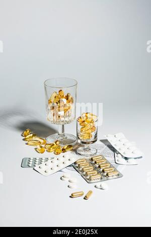 An Array of Health: A Still Life Display of Various Pills and Dietary Supplements Stock Photo