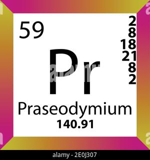 Pr Praseodymium Chemical Element Periodic Table. Single vector illustration, colorful Icon with molar mass, electron conf. and atomic number. Stock Vector