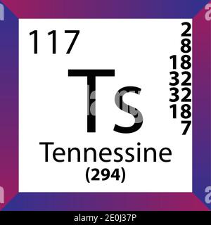 Tennessine, Ts, periodic table element with name, symbol, atomic number ...