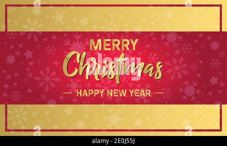 Gold Christmas and New Year Typographical on red Xmas background with winter landscape with snowflakes, light, stars. Merry Christmas card. Stock Vector