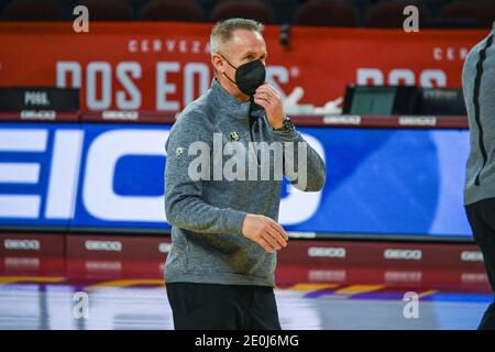 Colorado Buffaloes assistant coach Bill Grier assists players before an NCAA basketball game against the Southern California Trojans, Thursday, Dec. 3 Stock Photo