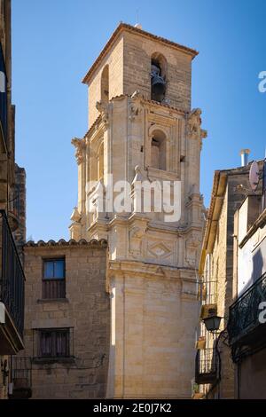 View of the bell tower of the parish church of the Asunción de Calaceite, Teruel, Spain Stock Photo