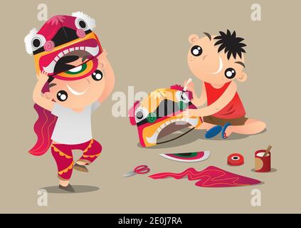 Two Hong Kong kids DIY their own props and practise Chinese lion dancing Stock Vector