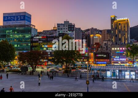 BUSAN, KOREA,OCTOBER 30, 2019: Night cityscape of Busan near train station, Republic of Korea Stock Photo
