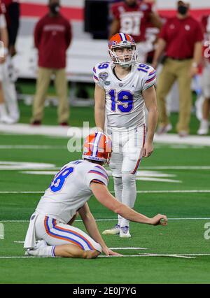 Arlington, TX, USA. 30th Dec, 2020. Florida Gators place kicker Evan McPherson (19) gets ready to attempt a field goal during the Florida Gators, versus the Oklahoma Sooners college football game, at the Goodyear Cotton Bowl, in Arlington, Texas on December 30, 2020. (Mandatory Credit: Tommy Hays/MarinMedia.org/Cal Sport Media) (Absolute Complete photographer, and credits required).Television, or For-Profit magazines Contact MarinMedia directly. Credit: csm/Alamy Live News Stock Photo