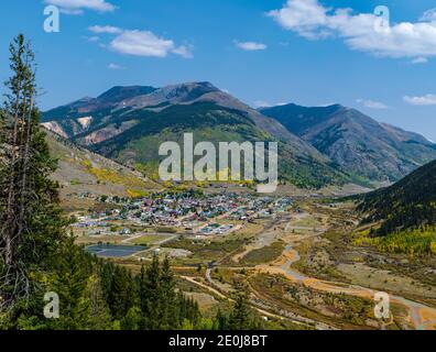 Elevated fall view of Silverton, Colorado nestled among the mountains -  taken from route 550 Stock Photo