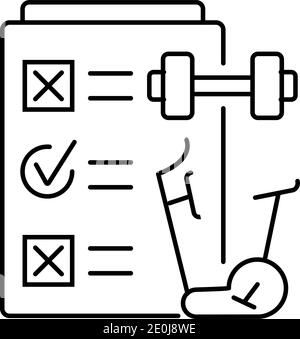 Regular sport exercises icon in line style. Planner, dumbbell, elliptical cross trainer, exercise bike are shown. Stock Vector