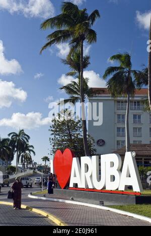 A large 'I Love Aruba' sign stands in downtown Oranjestad, Aruba. Stock Photo