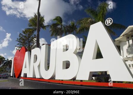 A large 'I Love Aruba' sign stands in downtown Oranjestad, Aruba. Stock Photo