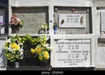 Spanish and Dutch names on crypts at the cemetery of St. Anna's Church in Noord, Aruba.