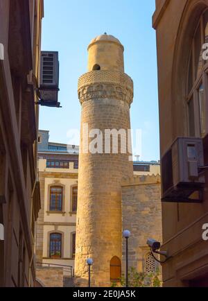 Minaret of Muhammad Mosque (Siniggala Mosque) in the Old City, Baku, Azerbaijan Stock Photo