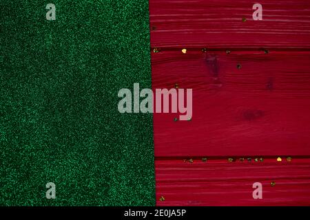 green glitter.Red Painted Wood. painted old wooden wall. green Wood red plank background Stock Photo