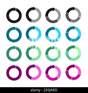 Circle arrows set in different colors rotating on white background. Refresh, reload, recycle, loop rotation, sign collection. Colorful arrows. Vector Stock Vector