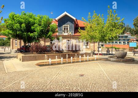 Termas de São Pedro do Sul, Portugal - August 5, 2020: Beautiful square with fountains at the Thermal Baths of São Pedro do Sul in Portugal. Stock Photo