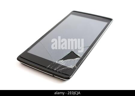 Smartphone with broken screen isolated on white background. Black phone device with shattered display Stock Photo