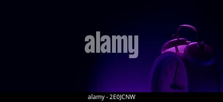 Alarm clock in retro vintage style on blue red neon background. Minimal modern style Stock Photo