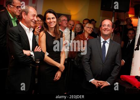 Paris Mayor Bertrand Delanoe, French Culture Minister Aurelie Filippetti and French President Francois Hollande attend the ceremony for the 10th anniversary of the Theatre du Rond-Point in Paris, France on June 30, 2012. Photo by Hamilton/Pool/ABACAPRESS.COM Stock Photo