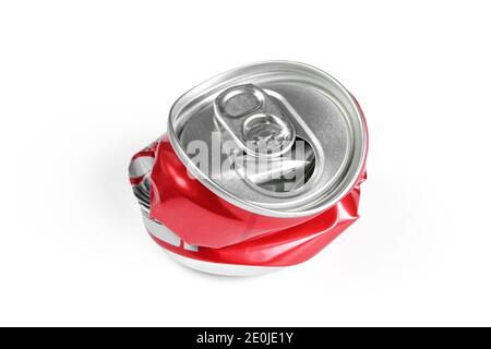 Crumpled soda can isolated on white background. Empty can ready for recycling Stock Photo